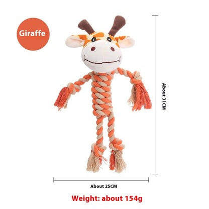Giraffe-shaped dog toy with twisted orange and beige rope body, plush head, 31cm tall