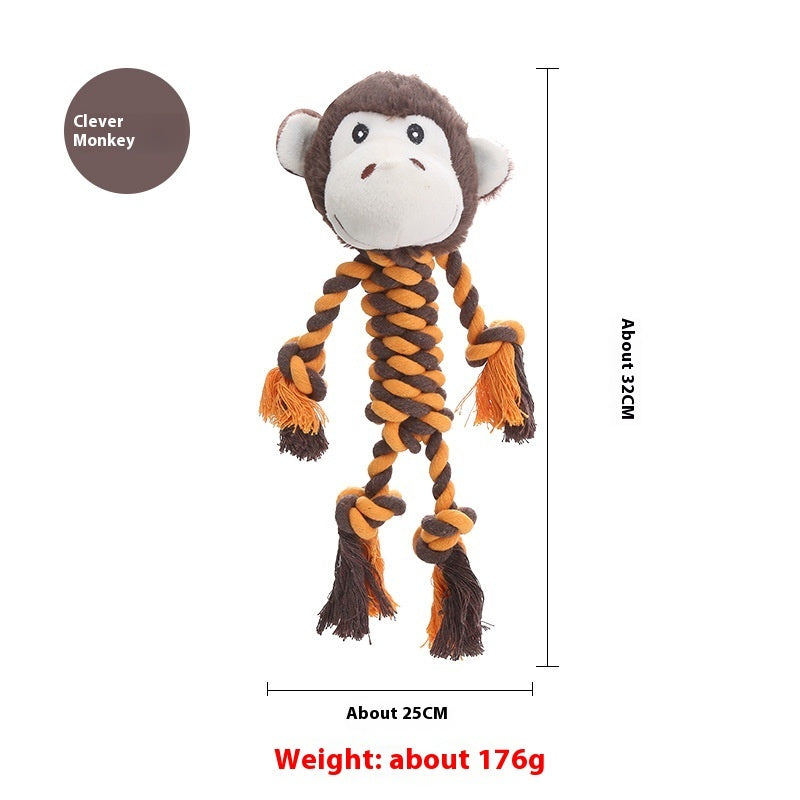 Clever monkey dog toy with plush head and orange-brown twisted rope body, 32cm size