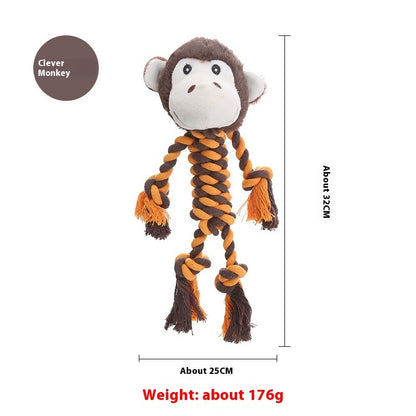 Clever monkey dog toy with plush head and orange-brown twisted rope body, 32cm size