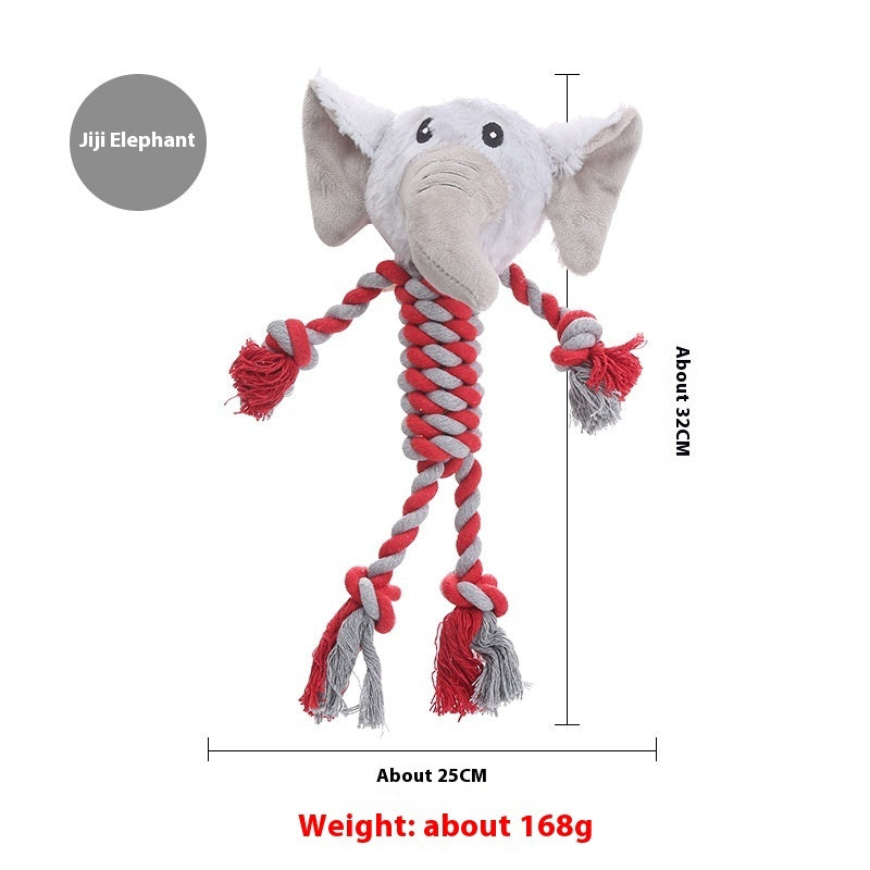 Elephant dog toy with rope body and plush head, red and gray braided, 32cm size