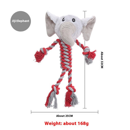 Elephant dog toy with rope body and plush head, red and gray braided, 32cm size