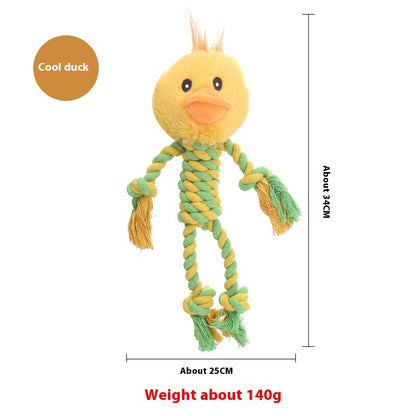 Yellow duck dog toy with rope body and limbs, measuring about 34cm by 25cm, lightweight 140g