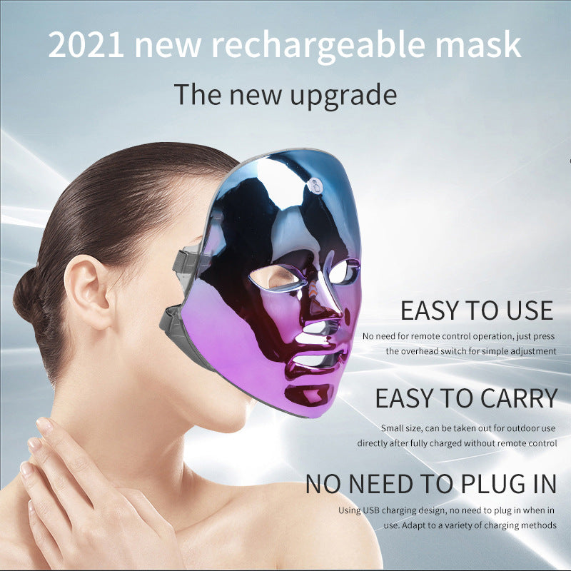 2021 rechargeable LED acne mask in metallic purple worn by woman, easy to use and carry with USB charging