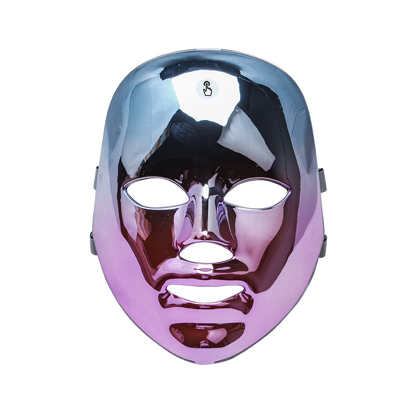 Reflective LED light therapy facial mask with purple and silver gradient for skin rejuvenation