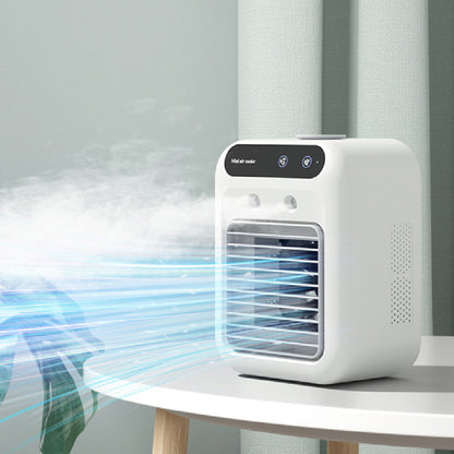Ivory white portable humidifying air cooler with cooling atomizer on a round table blowing cool air