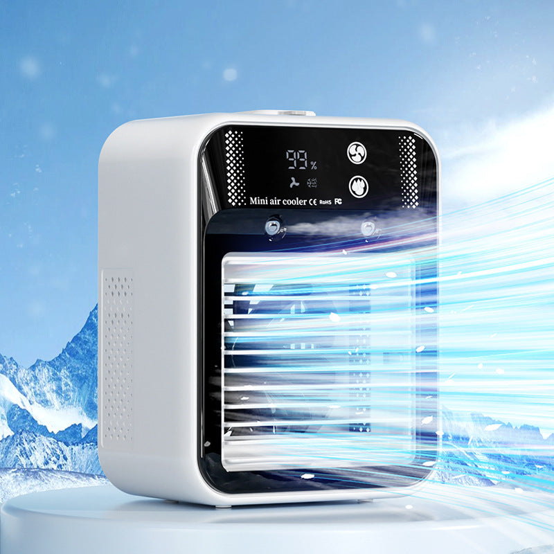 White portable mini air cooler with digital display and blue airflow on icy background