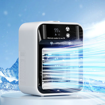 White portable mini air cooler with digital display and blue airflow on icy background