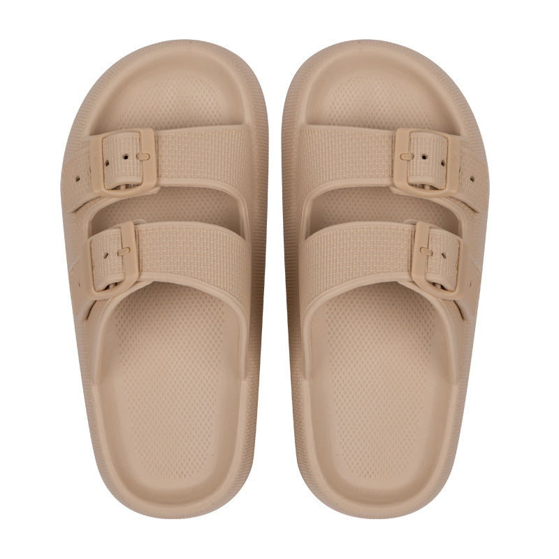 Khaki EVA sandals for women with thick sole, dual adjustable buckle straps, and textured footbed