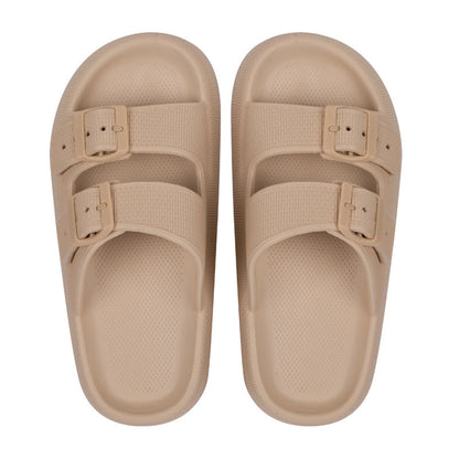 Khaki EVA sandals for women with thick sole, dual adjustable buckle straps, and textured footbed