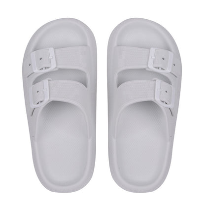 Top view of white thick-soled EVA slip-on sandals with two adjustable buckle straps