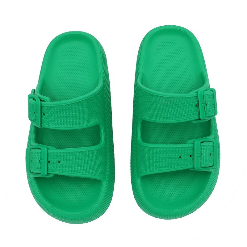 Top view of bright green EVA sandals with adjustable double buckle straps and textured footbed