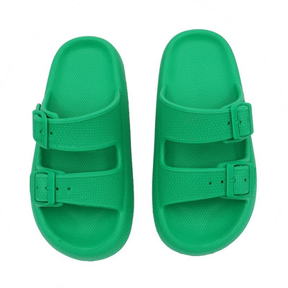 Top view of bright green EVA sandals with adjustable double buckle straps and textured footbed