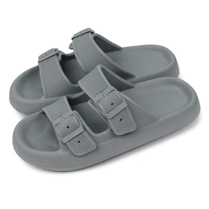gray slip-on sandals with adjustable buckles and textured EVA sole for women