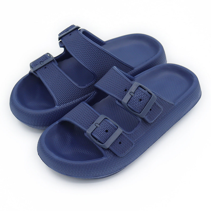 Navy blue slip-on sandals with double adjustable buckle straps and textured thick EVA sole
