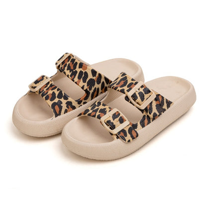 Beige slip-on sandals with thick EVA soles and leopard print double straps with buckles for women