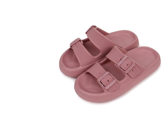 Pink thick-soled EVA sandals with adjustable buckle straps, breathable slip-on slides for women