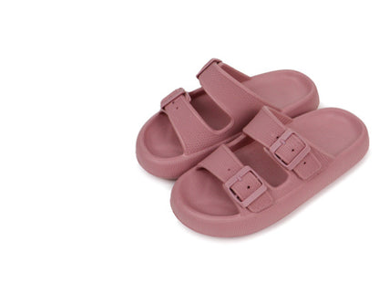 Pink thick-soled EVA sandals with adjustable buckle straps, breathable slip-on slides for women