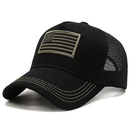 Black mesh trucker cap with olive green embroidered American flag patch and contrasting stitching