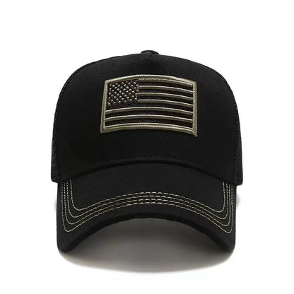 Black baseball cap with stitched beige American flag patch and beige accent stitching