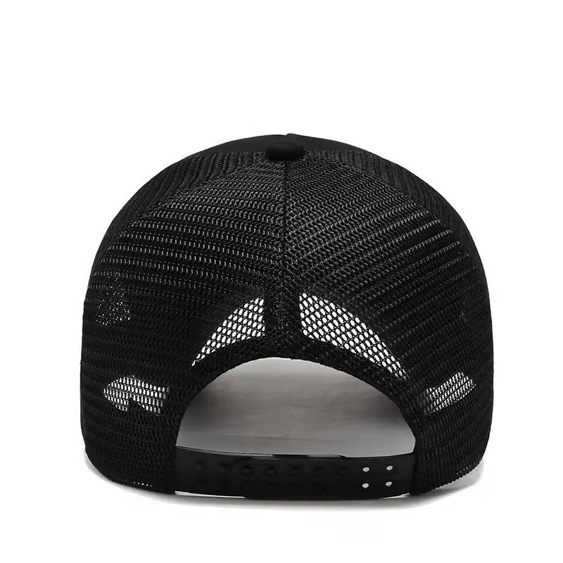 Back view of black mesh trucker cap with adjustable snap closure on white background