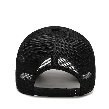 Back view of black mesh trucker cap with adjustable snap closure on white background