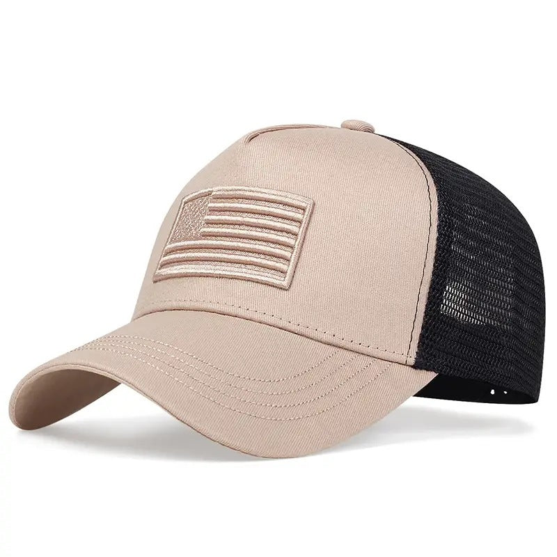 khaki and black mesh baseball cap with embroidered American flag patch and adjustable strap