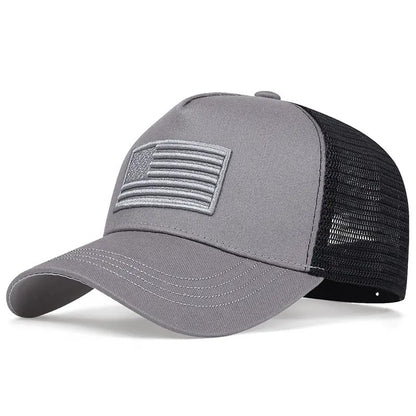 Gray baseball cap with black mesh back and embroidered American flag on front