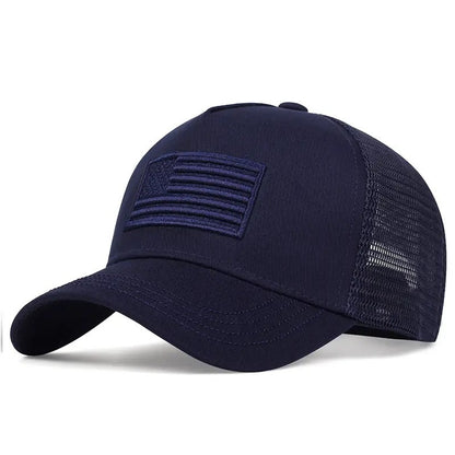 Navy blue mesh baseball cap with embroidered American flag patch on front