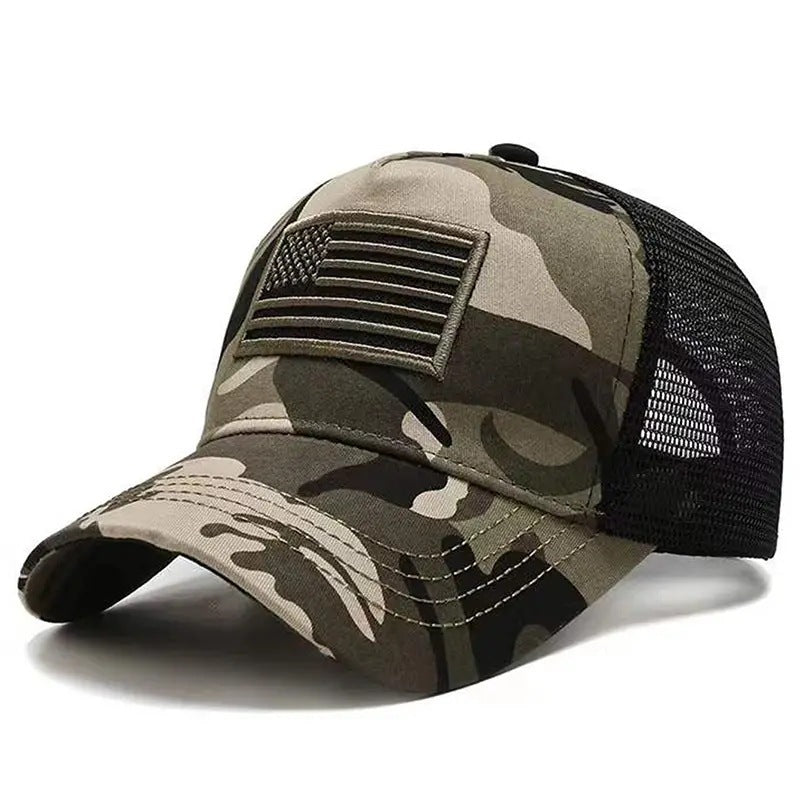 Khaki camouflage adjustable baseball cap with black mesh back and American flag patch