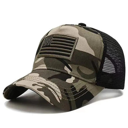 Khaki camouflage adjustable baseball cap with black mesh back and American flag patch