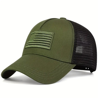 Khaki green adjustable baseball cap with black mesh back and embroidered flag patch