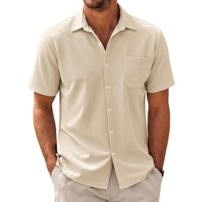 Men's khaki short sleeve cardigan shirt with collar and front pocket, lightweight polyester casual wear