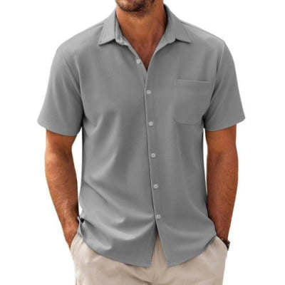Men's light gray short sleeve button-up shirt with collar and chest pocket, casual summer style