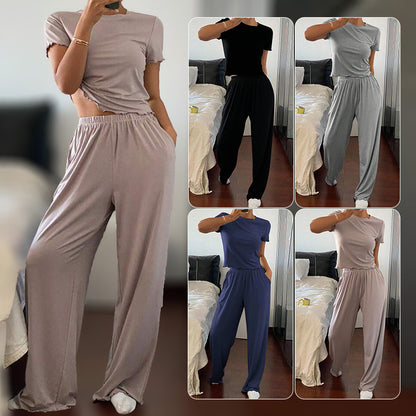 Women’s casual two-piece polyester loungewear sets in khaki, black, gray, blue, and beige with short-sleeve tops and wide-leg pants