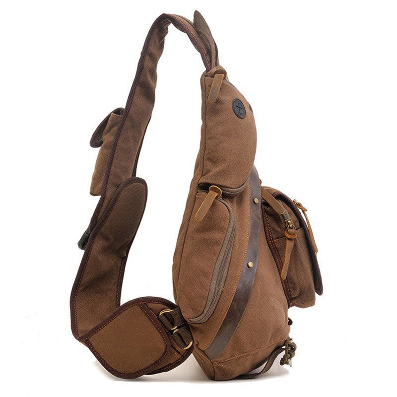 khaki canvas messenger bag with multiple pockets and adjustable shoulder strap