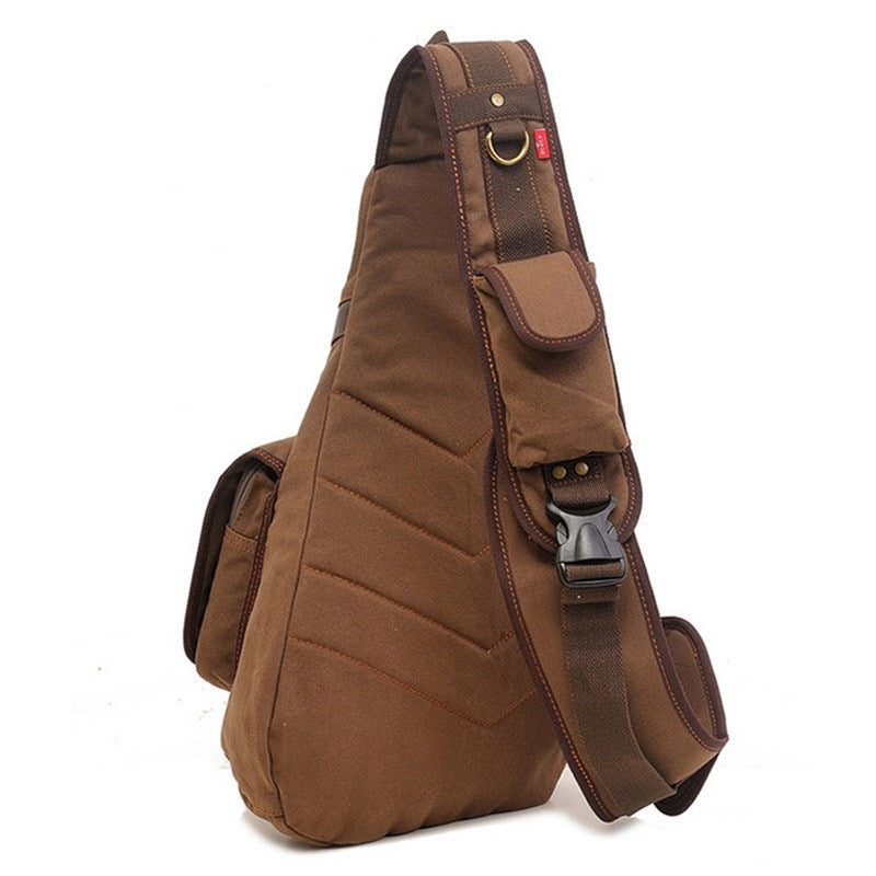Khaki canvas messenger bag with padded design, adjustable strap, and side pockets