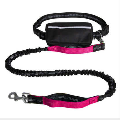 Black hands-free dog leash with reflective stitching and pink accents, elastic bungee design
