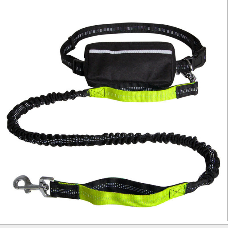 Hands-free dog leash with black waist pouch and reflective neon yellow nylon strap for outdoor safety