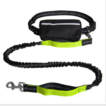 Hands-free dog leash with black waist pouch and reflective neon yellow nylon strap for outdoor safety