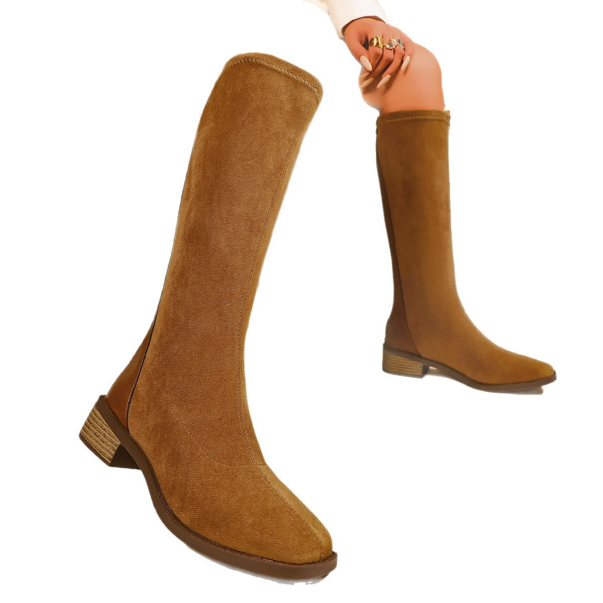 Light brown women's flat high boots in soft leather with round toe and stacked heel