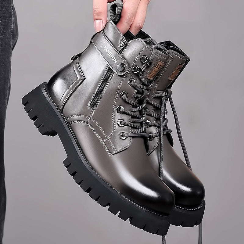 Glossy gray leather men's fashion boots with thick black sole, zipper, and lace-up design