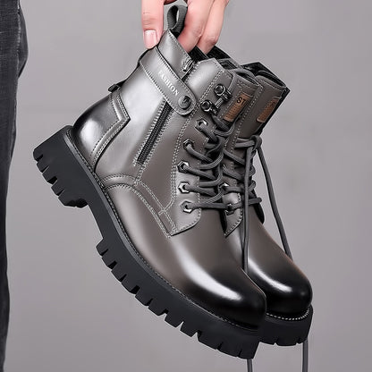 Glossy gray leather men's fashion boots with thick black sole, zipper, and lace-up design