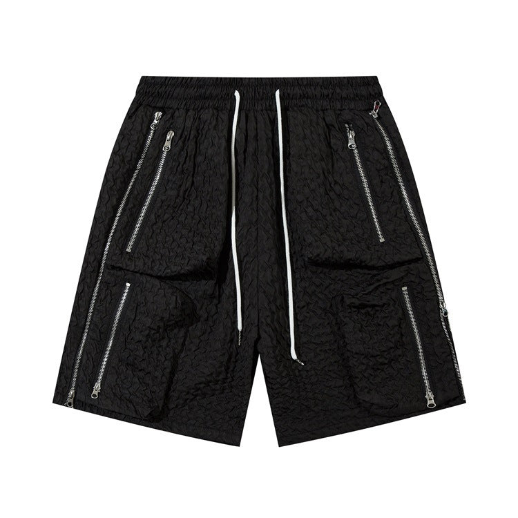 Black men's loose workwear shorts with polyester-cotton blend fabric and multiple silver zippers