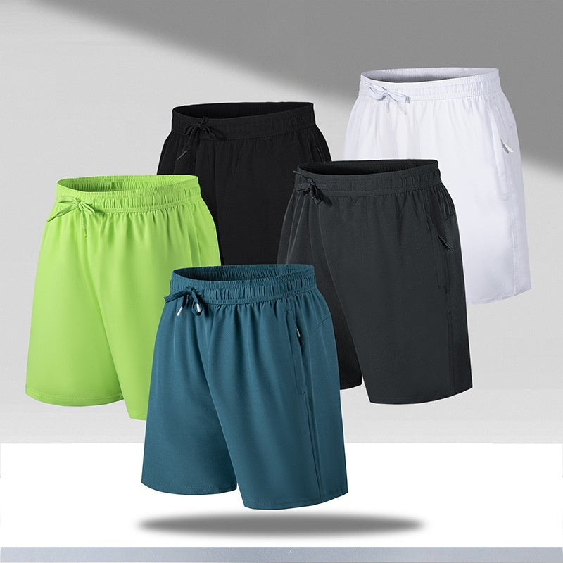 Set of five men's quick dry beach shorts in green, blue, black, dark gray, and white with elastic waistbands