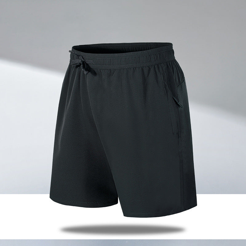 Black men's quick-dry beach shorts with elastic waistband and side zipper pocket