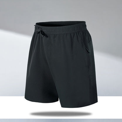 Black men's quick-dry beach shorts with elastic waistband and side zipper pocket