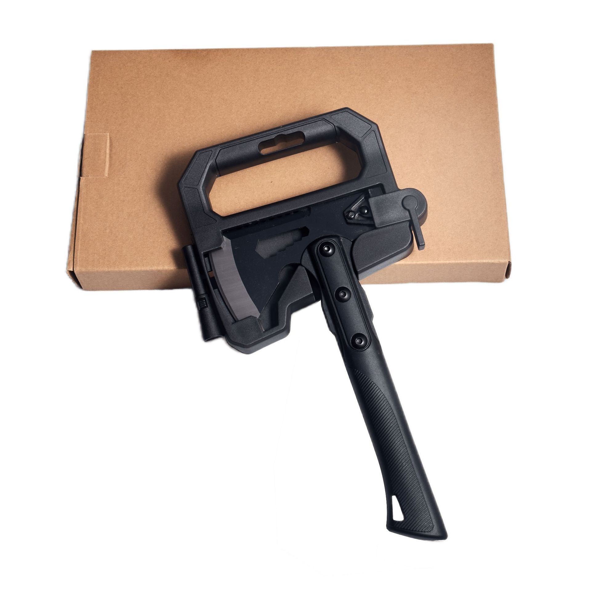Black-handled camping axe with protective cover placed on brown cardboard box on white background