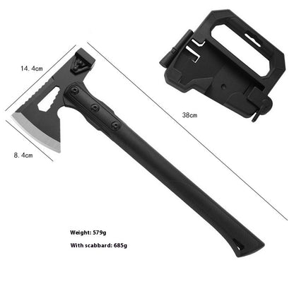 Black long handle camping axe with stainless steel blade and black plastic scabbard, dimensions labeled