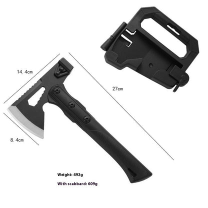 Black stainless steel camping axe with 14.4cm blade and 27cm handle, includes a compact scabbard