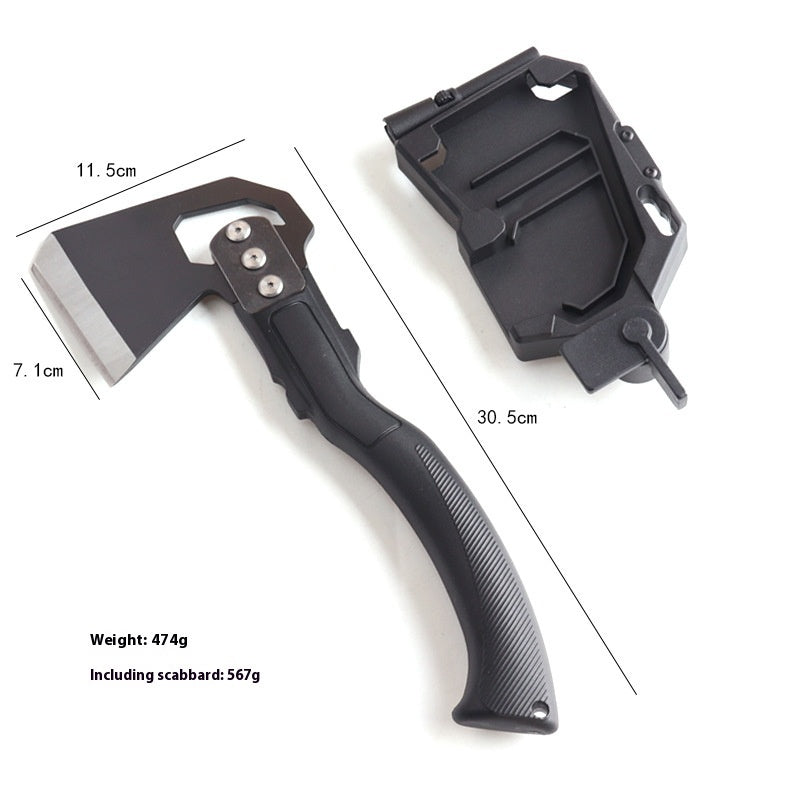 Trendoligy stainless steel camping axe with black grip handle and protective sheath on white background